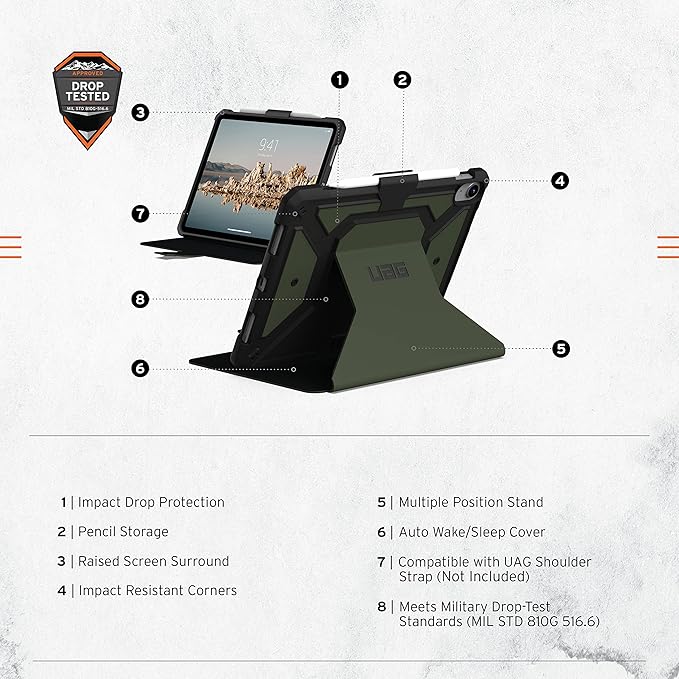 URBAN ARMOR GEAR UAG Designed for iPad 11" A16 11th Gen 2025, 10.9" 10th Gen 2022 Case A3354 A3355 A2696 Rugged Protective Folio Cover w/Adjustable Stand & Pencil Holder, Metropolis SE Olive