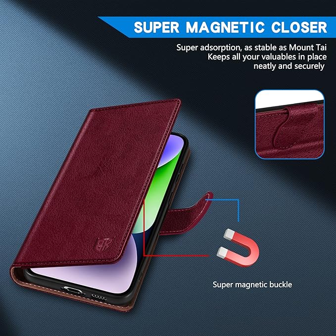 ZZXX for iPhone 14 Plus Wallet Case with [RFID Blocking] Card Slot Kickstand Magnetic Closure Leather Flip Fold Protective Phone Case for iPhone 14 Plus Case Wallet(Wine Red-6.7 inch)