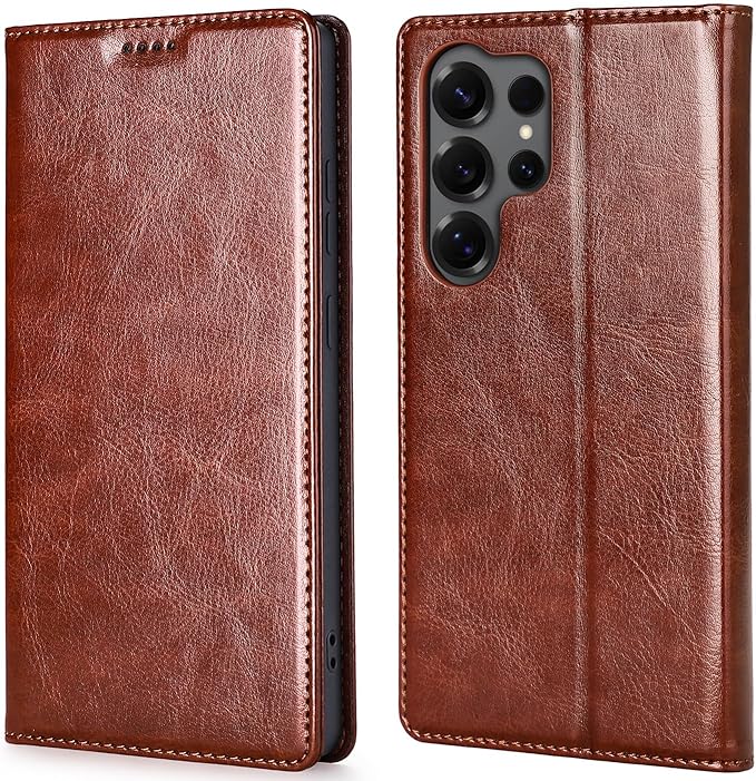 for Samsung Galaxy S23 Ultra Wallet Case, Genuine Leather Flip Folio Cover with RFID Blocking Card Holder & Kickstand, [Shockproof TPU Inner Shell] for Samsung Galaxy S23 Ultra, Brown
