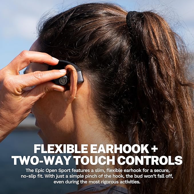 JLab Epic Open Sport Earbuds, Black, Wireless Open-Ear Audio Freedom Effortless Fit, Safe Listening, Bluetooth Multipoint, Customize with The App