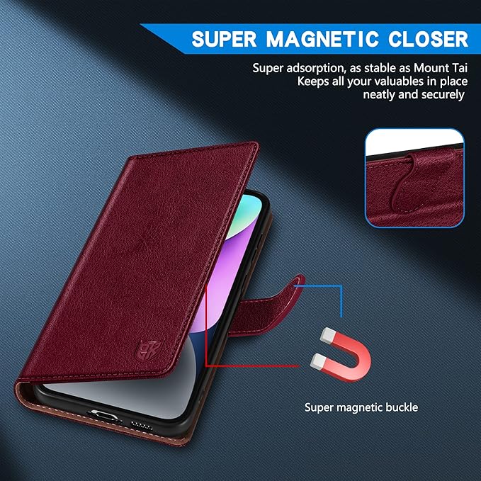 ZZXX for iPhone 14 Wallet Case with [RFID Blocking] Card Slot Kickstand Magnetic Closure Leather Flip Fold Protective Phone Case for iPhone 14 Case Wallet(Wine Red-6.1 inch)