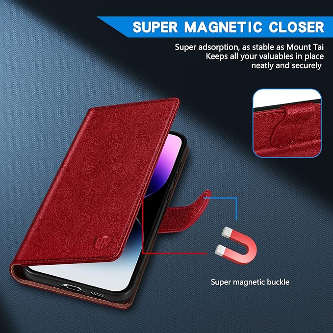 ZZXX for iPhone 14 Pro Max Wallet Case with [RFID Blocking] Card Slot Kickstand Magnetic Closure Leather Flip Fold Protective Phone Case for iPhone 14 Pro Max Case Wallet(Red-6.7 inch)