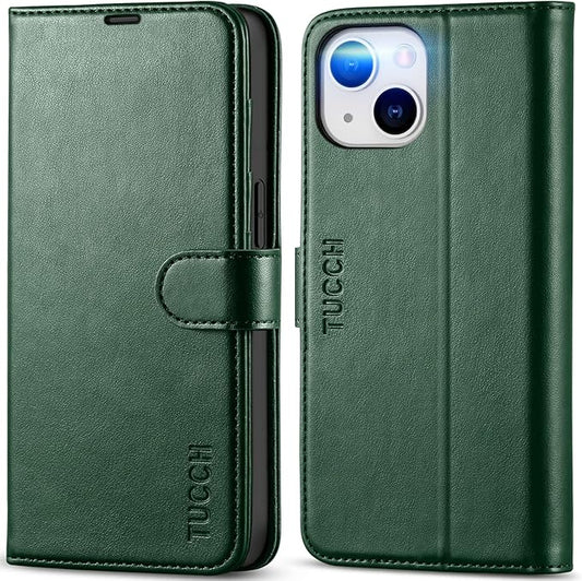 TUCCH Case Wallet for iPhone 14 6.1", Protective [TPU Shockproof Inner Shell], PU Leather [RFID Blocking] [4 Card Holder] Magnetic Stand Cover Compatible with iPhone 14 6.1" 2022, Midnight Green