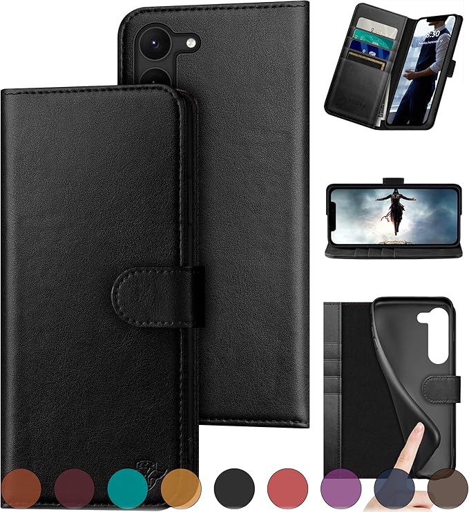 for Samsung Galaxy S23 5G Genuine Leather Wallet case 【RFID Blocking】【4 Credit Card Holder】【Real Leather】 Flip Folio Book Phone case Protective Cover Women Men for SamsungS23 case Black