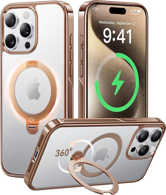 CASEKOO Desert Titanium 360° Polished for iPhone 15 Pro Case with Spin Magnetic Stand [Compatible with Magsafe][16FT Military Protection] Clear Back for 15 Pro Case Ring Kickstand 6.1'', Rose Gold