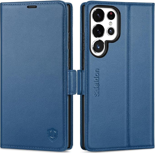 SHIELDON Case for Galaxy S25 Ultra 6.9" 5G, Genuine Leather Wallet Magnetic Case, RFID Blocking Card Holder Kickstand Shock Absorbing Cover Compatible with Galaxy S25 Ultra 2025 - Nappa Royal Blue