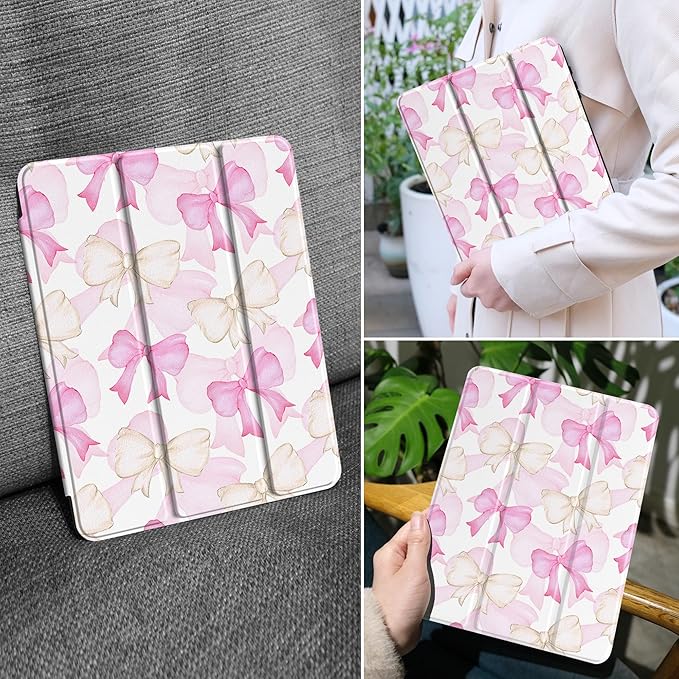 MEEgoodo Case for Samsung Galaxy Tab A9 Plus 11 inch Cover 2024 2023 with S Pen Holder, A9+ Smart Tablet Cases with Leather Trifold Stand+Soft TPU Back Shell+Smart Auto Wake/Sleep, White & Pink Bows
