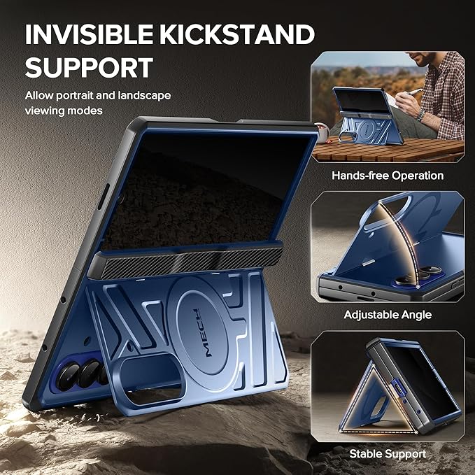 TONGATE for Galaxy Z Fold 7 Case with Privacy Screen Protector, [Compatible with MagSafe][Anti Spy] Shockproof Phone Case, Built-in Stand & Belt Clip & Hinge Cover for Samsung Z Fold 7 2025 8", Blue