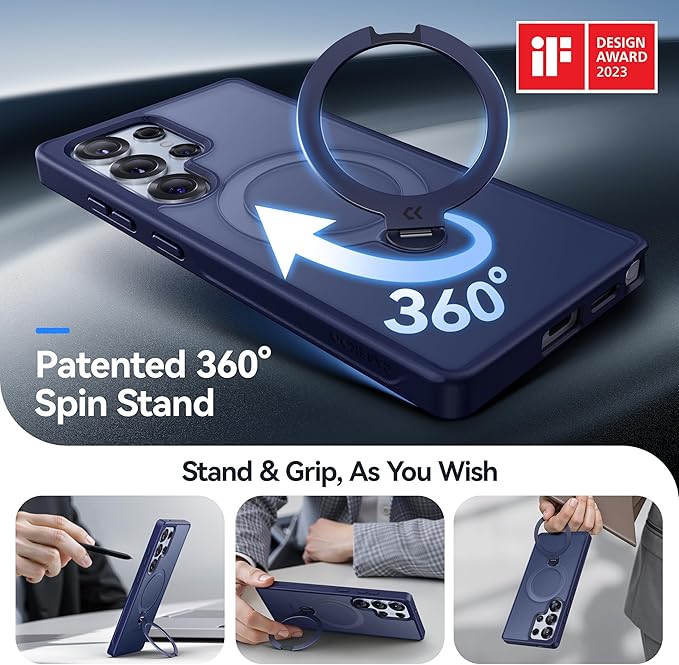 CASEKOO Patented 360° Spin Magnetic Stand for Samsung Galaxy S25 Ultra Case [18FT Military Drop Protection] [Compatible with MagSafe] Matte Translucent Slim S25 Ultra Case 6.9'' 2025, Blue