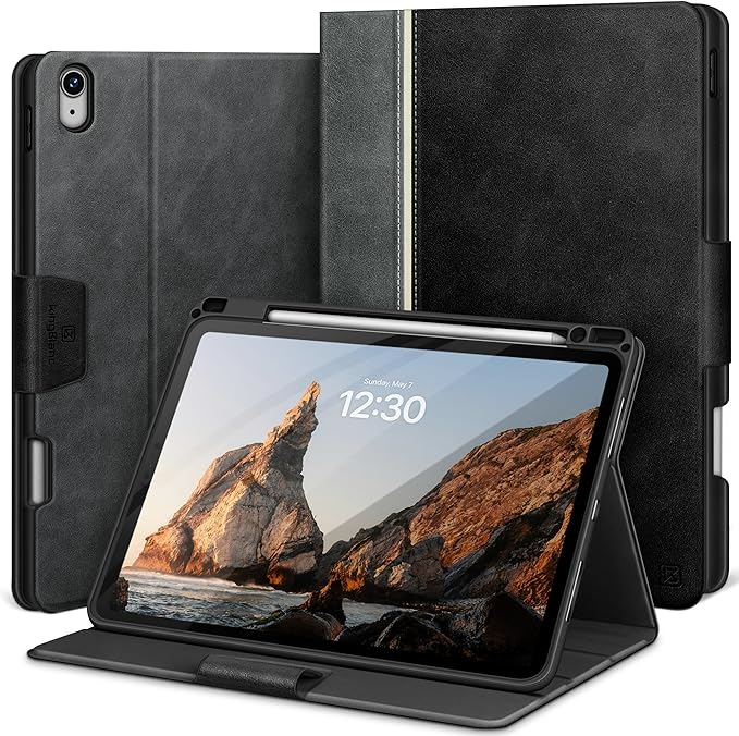 KingBlanc for iPad Air 11-inch Case M3 (2025) / M2 (2024), iPad Air 5th/4th Generation (2022/2020, 10.9") with Pencil Holder, Vegan Leather Stand Cover, Auto Sleep Wake, Viewing/Typing Angle, Black