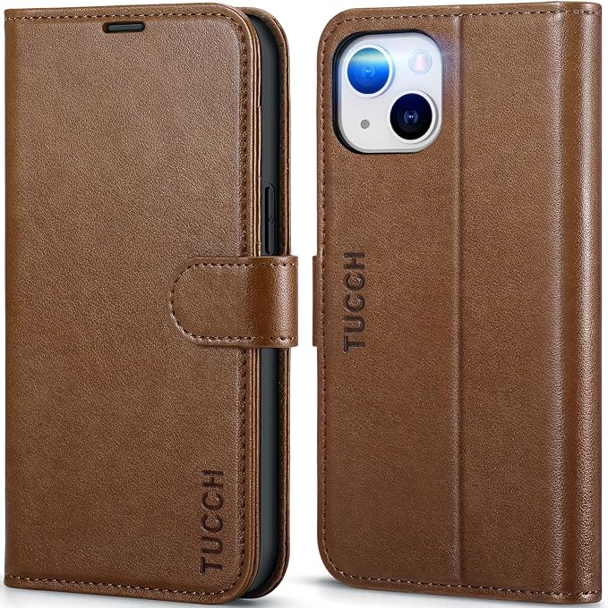 TUCCH Wallet Case for iPhone 14 6.1", Flip PU Leather Magnetic Protective Cover with [RFID Blocking] [4 Card Slots] Stand [TPU Interior Case] Compatible with iPhone 14 6.1, Brown