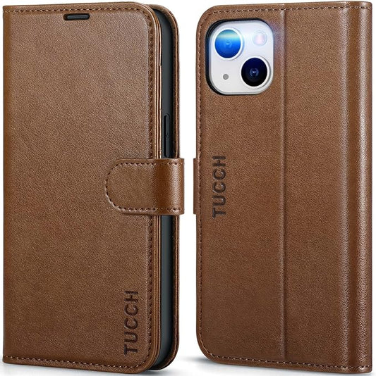 TUCCH Wallet Case for iPhone 14 6.1", Flip PU Leather Magnetic Protective Cover with [RFID Blocking] [4 Card Slots] Stand [TPU Interior Case] Compatible with iPhone 14 6.1, Brown