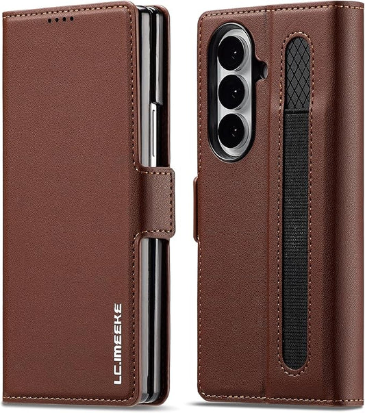 HXY Wallet Case for Samsung Galaxy Z Fold 7 with S Pen Holder, PU Leather Magnetic Flip Case for Men Women with Card Holder Kickstand Shockproof Protection Case for Galaxy Z Fold 7 2025 (Brown)