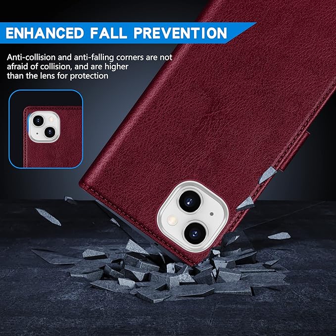 ZZXX for iPhone 15 Wallet Case with [RFID Blocking] Card Slot Kickstand Magnetic Closure Leather Flip Fold Protective Phone Case for iPhone 15 Case Wallet(Wine Red-6.1 inch)