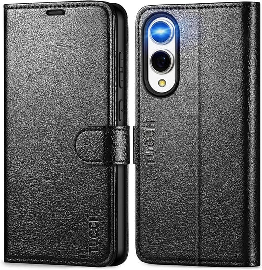 TUCCH Wallet Case for Galaxy S25 Edge, Magnetic PU Leather Stand [RFID Blocking] 4 Card Slots Protective Folio Cover with [TPU Shockproof Interior Case] Compatible with Galaxy S25 Edge, Textured Black