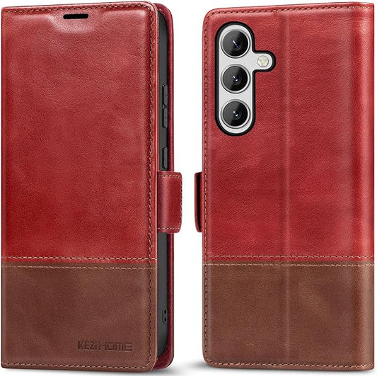 KEZiHOME for Samsung Galaxy S24+ Plus 5G Case, Galaxy S24 Plus Wallet Case, Genuine Leather Flip Cover Stand RFID Blocking Card Holder Magnetic Compatible with Samsung S24 Plus 5G (2024) (Red/Brown)