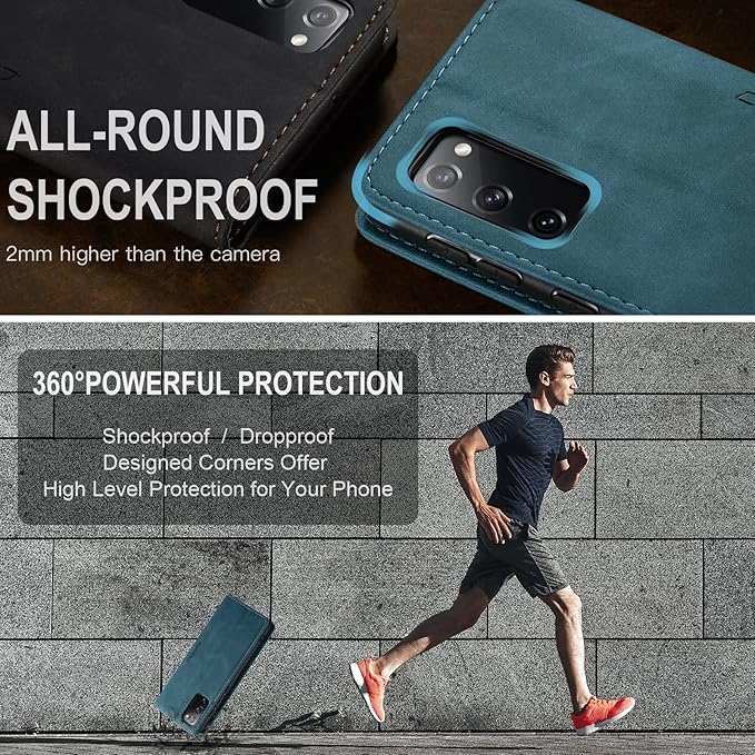 for Samsung Galaxy S20 FE Case, Flip Wallet Leather Case with Card Holder Magnetic Closure Shockproof Kickstand Protective Phone Cases Cover for Samsung S20 FE,Blue-Green