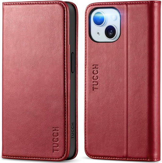 TUCCH Case for iPhone 15 6.1", PU Leather Flip Wallet Case, Stand Folio Cover with [RFID Blocking] [3 Credit Card Slot] Shockproof [Soft TPU Interior Case] Compatible with iPhone 15 5G 2023, Dark Red