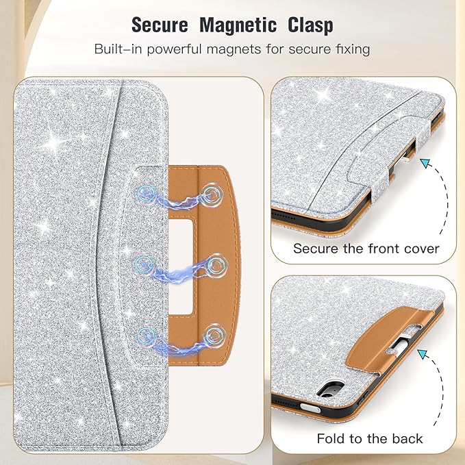 MoKo for iPad (A16) 11th Generation Case 11 inch 2025, iPad 10th Generation Case 10.9" 2022 with Pencil Holder & Pocket, Premium Leather Folio Stand Cover, Multiple Viewing Angles,SparklingWhiteSilver