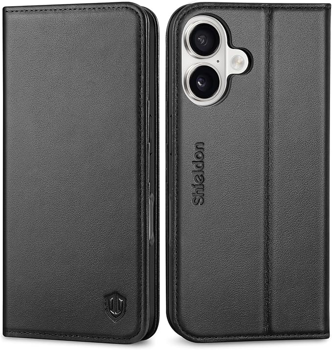 SHIELDON Genuine Leather Wallet Case for iPhone 17 6.3-inch 5G 2025 | Flip Magnetic Cover | Kickstand | RFID Blocking | 3 Credit Card Holder | Shockproof | Soft Inner Phone Case | Black