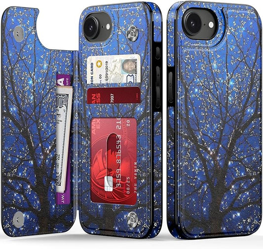 FUNMIKO for iPhone 16e Wallet Case with Card Holder, RFID-Blocking, Military-Grade Protection & UV-Printed Artwork, Magnetic Closure with Leather Kickstand - Dreamy Wishing Tree