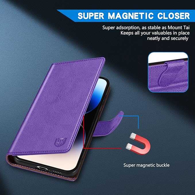 ZZXX for iPhone 14 Pro Wallet Case with [RFID Blocking] Card Slot Kickstand Magnetic Closure Leather Flip Fold Protective Phone Case for iPhone 14 Pro Case Wallet(Purple-6.1 inch)