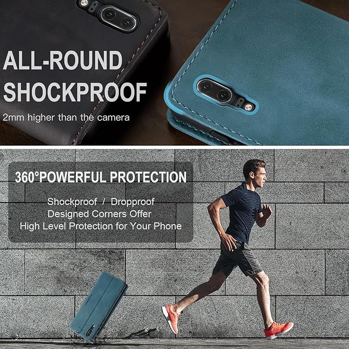 for Huawei P20 Case, Flip Wallet Leather Case with Card Holder Magnetic Closure Shockproof Kickstand Protective Phone Cases Cover for Huawei P20,Blue-Green