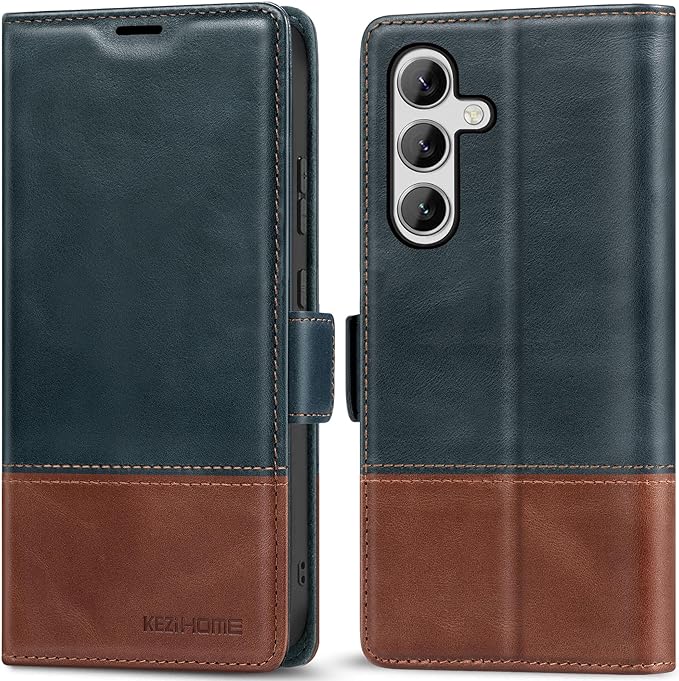 KEZiHOME Galaxy S24+ Plus 5G Wallet Case, Genuine Leather, RFID Blocking, Magnetic, Card Holder, Navy Blue/Brown