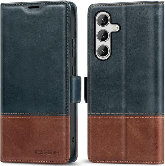 KEZiHOME Galaxy S24+ Plus 5G Wallet Case, Genuine Leather, RFID Blocking, Magnetic, Card Holder, Navy Blue/Brown