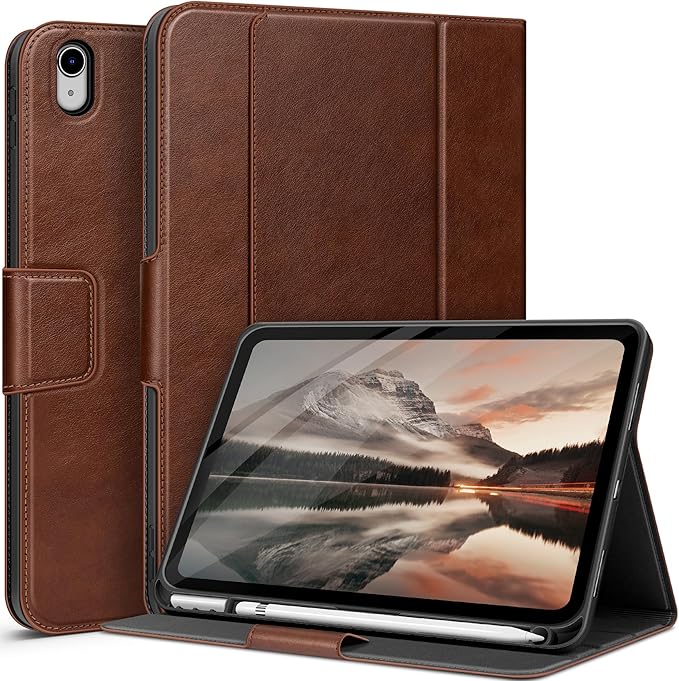 auaua Case for iPad (A16) 11th Generation 11 Inch 2025, iPad 10th Generation 10.9 Inch 2022, with Pencil Holder and Pocket, Typing Angle Muti-Stand Magnetic Closure Auto Sleep/Wake (Brown)