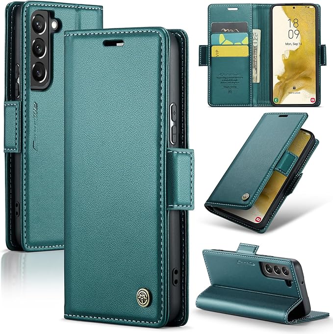 AUPAI for Samsung Galaxy S22 Wallet Case with Credit Card Holder, PU Leather RFID Blocking Folio Flip Kickstand Magnetic Clasp Protective Phone Cover for Women Men Cyan
