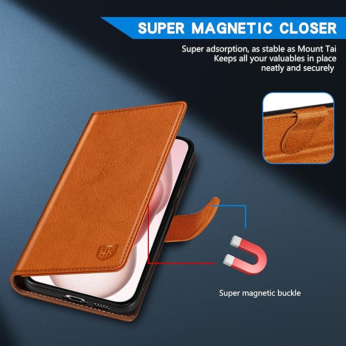 ZZXX for iPhone 15 Wallet Case with [RFID Blocking] Card Slot Kickstand Magnetic Closure Leather Flip Fold Protective Phone Case for iPhone 15 Case Wallet(Brown-6.1 inch)