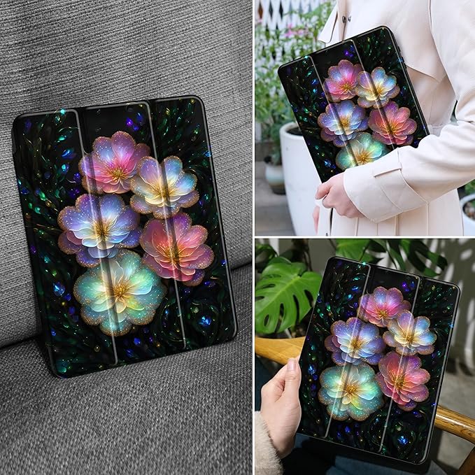 MEEgoodo Case for Samsung Galaxy Tab A9 Plus 11 inch Cover 2024 2023 with S Pen Holder, A9+ Smart Tablet Cases with Leather Trifold Stand+Soft TPU Back Shell+Smart Auto Wake/Sleep, Glitter Flowers
