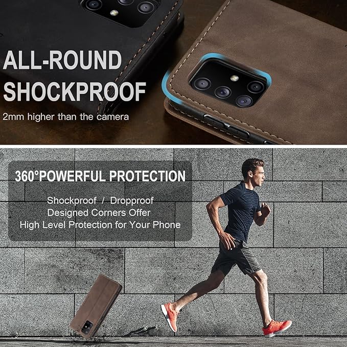 for Samsung Galaxy A51 Case, Flip Wallet Leather Case with Card Holder Magnetic Closure Shockproof Kickstand Protective Phone Cases Cover for Samsung A51,Coffee