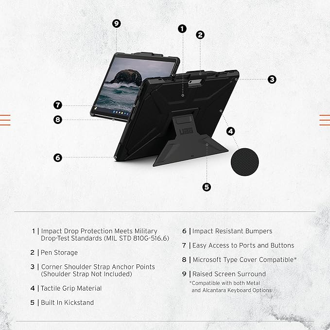 URBAN ARMOR GEAR UAG Designed for Microsoft Surface Pro 11/10/9 Case with Built-in Kickstand & Pen Holder Compatible with Type Cover Keyboard Rugged Heavy Duty Protective Cover, Metropolis Black