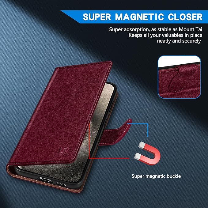 ZZXX for iPhone 15 Pro Max Wallet Case with [RFID Blocking] Card Slot Kickstand Magnetic Closure Leather Flip Fold Protective Phone Case for iPhone 15 Pro Max Case Wallet(Wine Red-6.7 inch)