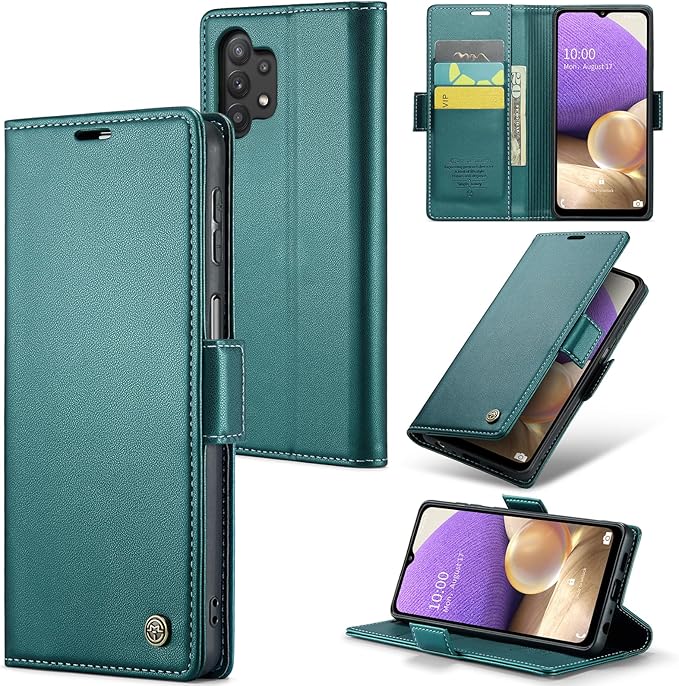 for Samsung Galaxy A32 5G Case, Premium PU Leather Wallet Case Flip Cover with [RFID Blocking][Card Holder][Stand Function] for Samsung Galaxy A32 5G (Non 4G Version), Blue-Green