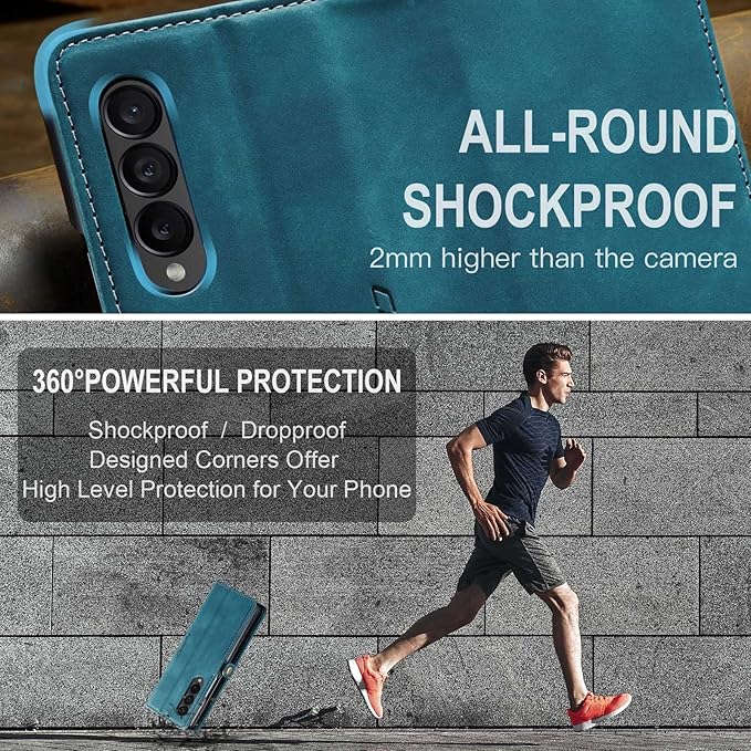 for Samsung Galaxy Z Fold4 Case, Flip Wallet Leather Case with Card Holder Magnetic Closure Shockproof Kickstand Protective Phone Cases Cover for Samsung Galaxy Z Fold4,Blue-Green