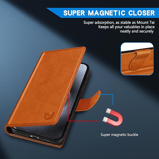 ZZXX for iPhone 15 Pro Wallet Case with [RFID Blocking] Card Slot Kickstand Magnetic Closure Leather Flip Fold Protective Phone Case for iPhone 15 Pro Case Wallet(Brown-6.1 inch)