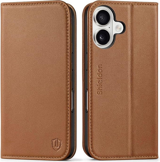 SHIELDON Wallet Case for iPhone 16 6.1" 2024, Genuine Leather Folio Magnetic Closure Kickstand RFID Blocking Card Slots Full Protection Cover Compatible with iPhone 16 5G - Nappa Saddle Brown
