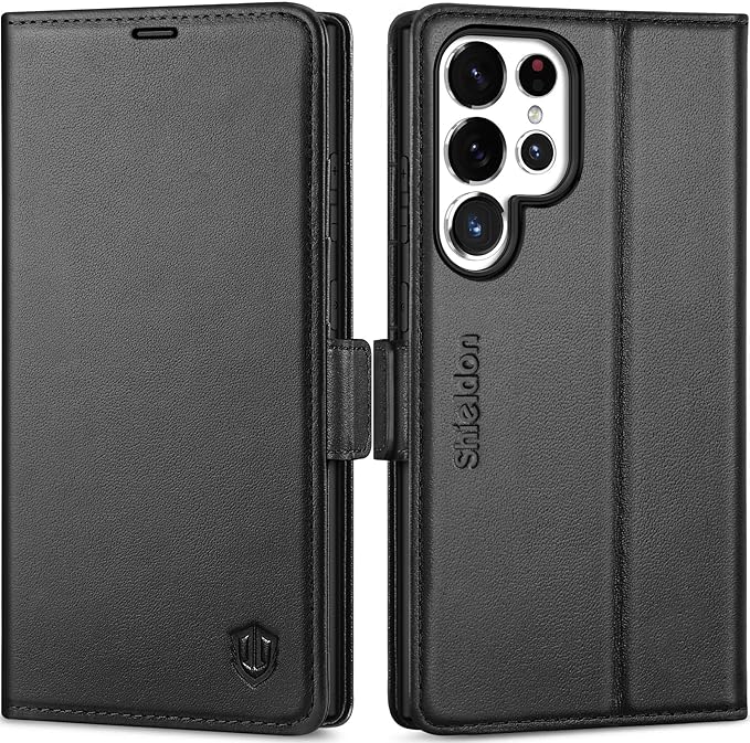 SHIELDON Case for Galaxy S25 Ultra 6.9", Genuine Leather Folio Wallet Case with Kickstand RFID Blocking Card Holder Magnetic Protective Phone Cover Compatible with Galaxy S25 Ultra 2025 - Nappa Black