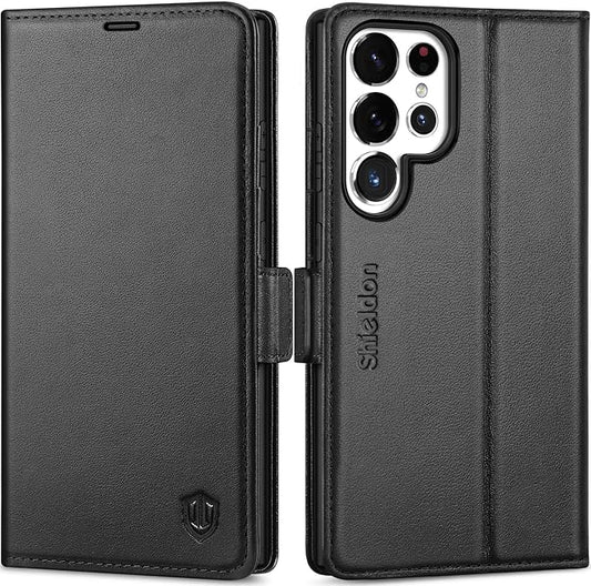 SHIELDON Case for Galaxy S25 Ultra 6.9", Genuine Leather Folio Wallet Case with Kickstand RFID Blocking Card Holder Magnetic Protective Phone Cover Compatible with Galaxy S25 Ultra 2025 - Nappa Black