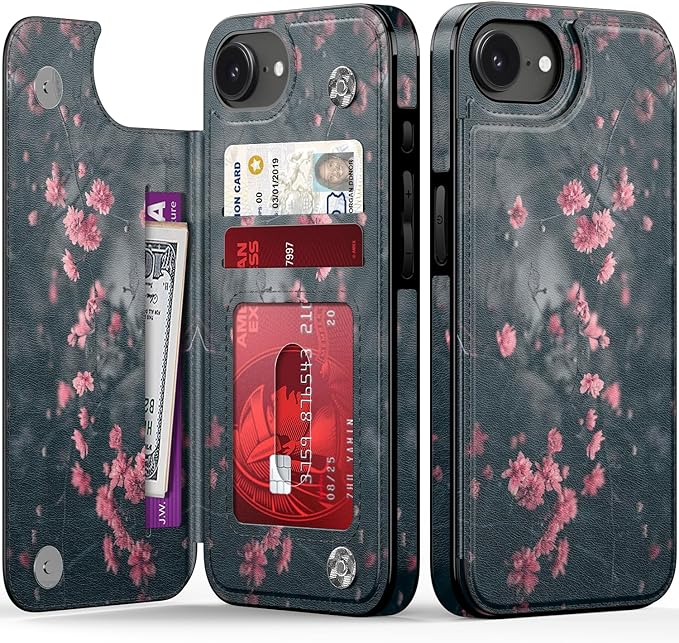 FUNMIKO for iPhone 16e Wallet Case with Card Holder, RFID-Blocking, Military-Grade Protection & UV-Printed Artwork, Magnetic Closure with Leather Kickstand - Mystic Blooming Plum