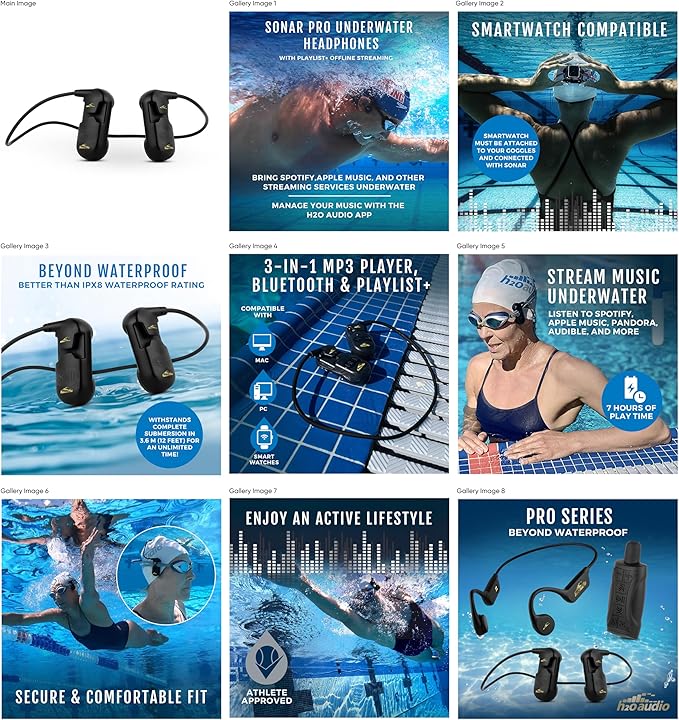 H2O Audio Sonar PRO IPX8 Waterproof Bone Conduction Headphones – Open-Ear MP3 Player with Playlist+ App for Bluetooth Streaming & Custom Playlists – 7hrs Battery for Swimming, Sports.