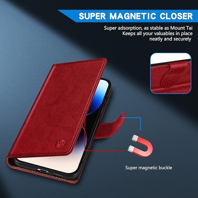ZZXX for iPhone 14 Pro Wallet Case with [RFID Blocking] Card Slot Kickstand Magnetic Closure Leather Flip Fold Protective Phone Case for iPhone 14 Pro Case Wallet(Red-6.1 inch)