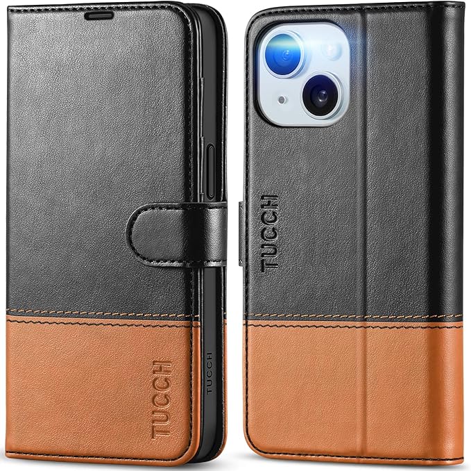 TUCCH Wallet Case for iPhone 15 5G, [RFID Blocking] 4 Card Slot Holder Kickstand [Shockproof TPU Interior Case], PU Leather Magnetic Flip Cover Compatible with iPhone 15 6.1" 2023, Black & Brown