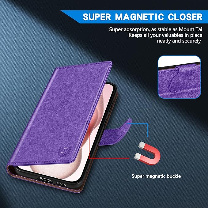 ZZXX for iPhone 15 Wallet Case with [RFID Blocking] Card Slot Kickstand Magnetic Closure Leather Flip Fold Protective Phone Case for iPhone 15 Case Wallet(Purple-6.1 inch)