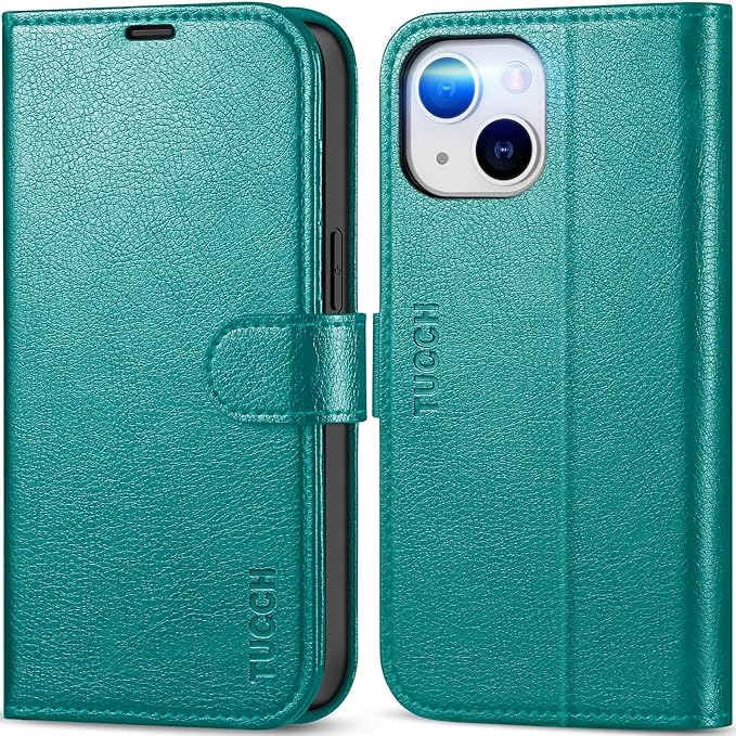 TUCCH Wallet Case for iPhone 14 6.1", Magnetic PU Leather Stand Flip Cover with 4 Card Slots [RFID Blocking] Folio [TPU Shockproof Interior Case] Compatible with iPhone 14 6.1-inch, Cyan
