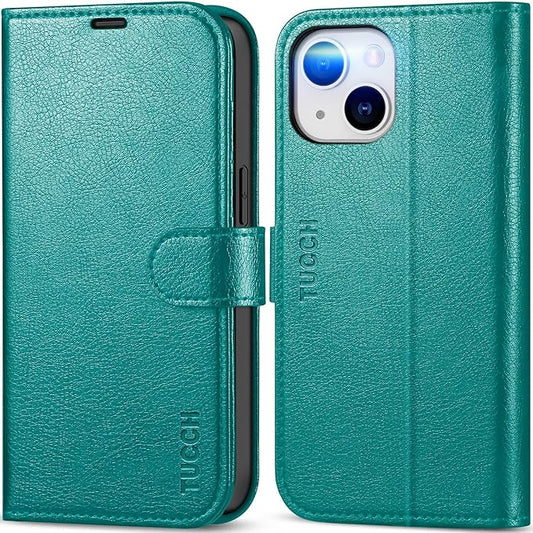 TUCCH Wallet Case for iPhone 14 6.1", Magnetic PU Leather Stand Flip Cover with 4 Card Slots [RFID Blocking] Folio [TPU Shockproof Interior Case] Compatible with iPhone 14 6.1-inch, Cyan