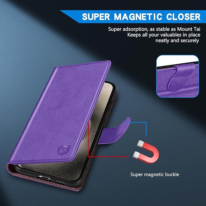 ZZXX for iPhone 15 Pro Max Wallet Case with [RFID Blocking] Card Slot Kickstand Magnetic Closure Leather Flip Fold Protective Phone Case for iPhone 15 Pro Max Case Wallet(Purple-6.7 inch)